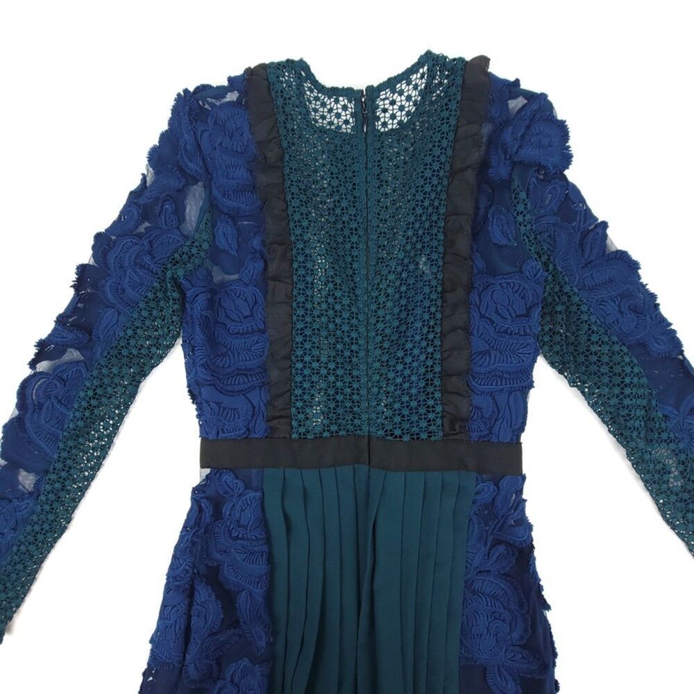 NEW Self Portrait Thea Sheer Lace Applique Pleated Maxi Dress Navy Emerald Gown - Picture 9 of 11